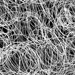 Abstract black and white scribble art seamless pattern, hand-drawn chaotic lines creating a dynamic background, suitable for graphic design, album covers, or experimental layouts