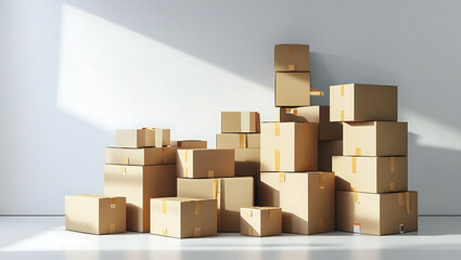 A large pile of cardboard boxes stacked against a wall