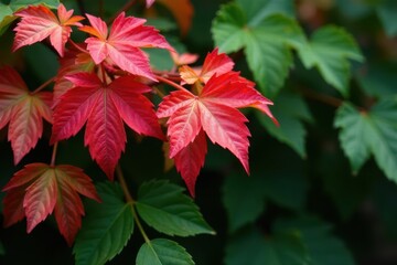 Vibrant red leaves in clusters on a green vine, nature, red leafy vine plant, garden