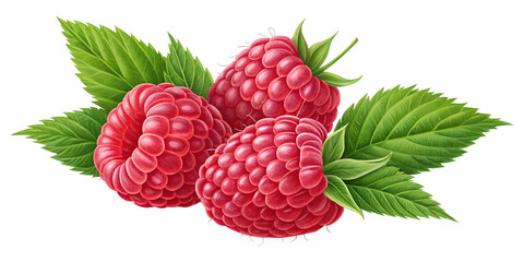 Fresh Raspberries with Green Leaves Isolated on Transparent Background (PNG)
Ripe Red Raspberries and Leaves Isolated on White Background &ndash; High-Quality PNG