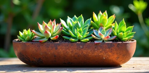 Weathered corten steel planter with succulents and greenery, garden decor, corten steel, weathered metal