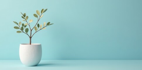 White ceramic flowerpot with minimalist Nordic pattern of intertwined branches and leaves on a pale blue background , Nordic design, Minimalist decor, Nature-inspired