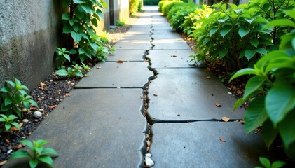 Weathered grey concrete sidewalk with cracked surface and overgrown vegetation, urban decay, cityscape, worn path