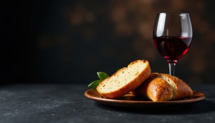 Wine and bread elements on a black background for communion in a dimly lit space, holy, still life, black communion
