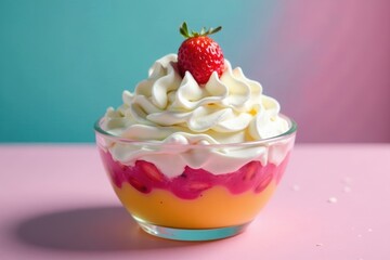Whipped cream-topped Halo-Halo dessert in a colorful glass bowl , fruit salad, Filipino cuisine, halo-halo
