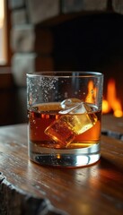 Whisky glass with condensation on the outside, surrounded by wooden table and stone fireplace , condensation, whisky, stone