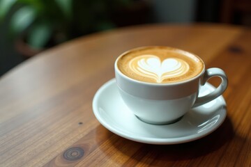 White coffee cup with delicate heart shape latte art on wooden table surface, design, morning, home decor