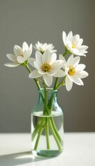 White flowers softly illuminate the clear glass vase, elegant, clear vase, simple arrangement