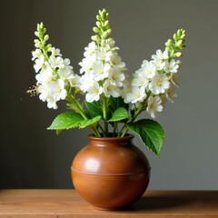 White hyssop blooms in a wooden vase with branches, branches, wooden vase, garden