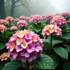 wilted hydrangea flowers in autumn garden with brown leaves and fog, autumn garden, dead flowers, foggy garden