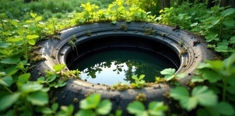Weedy overgrowth surrounds abandoned tyre filled with stagnant water , tyre, water, decay