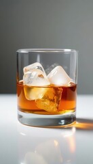 Whiskey glass filled with ice cubes on a white surface, isolated object, white background, beverage photography