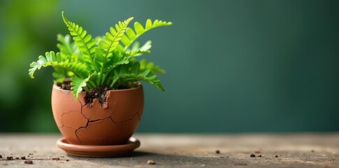 Withered fern nestled in a cracked terracotta planter , greenery, erosion, fern