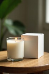 White ceramic glass jar candle with gold lid and box on a wooden table, candle holder, mantel decor, ceramic vase