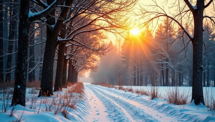 Winter foliage with golden light filtering through bare trees, golden abstract background, christmas, evergreen