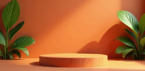Wooden podium with terracotta base in studio light, podium, dark, simple