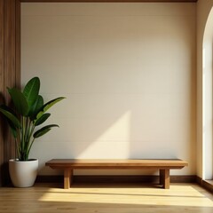 wooden meditation bench in a tranquil indoor space, wooden, stillness, indoor