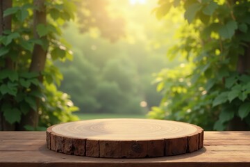 Wooden podium with rustic texture and natural light , advertisement, product display, wood
