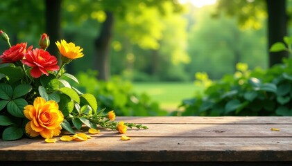 Wooden table surrounded by lush greenery and vibrant flowers, centerpiece, seasonal decor, candlelight