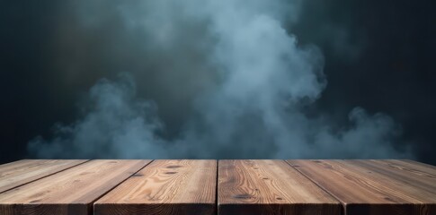 Wooden table with foggy atmosphere smoke rising from surface, fog, atmosphere, ambient
