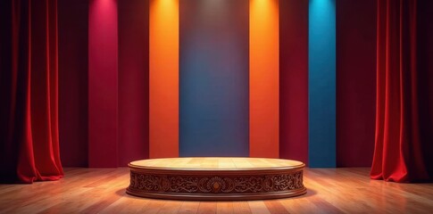 Wooden stage podium with intricate carvings and bright colorful stripes , , striped, ornate