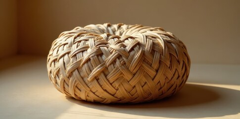 Woven natural fiber pouf with rounded shape and earthy tone, woven jute, round pillow, seagrass
