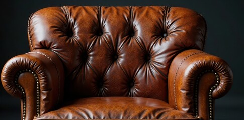 worn leather armchair with intricate stitching, interior design, wooden frame, dim lighting