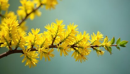 Yellow hairy mimosa tree branch with blooming flowers in early spring garden, flowers, hairy, tree