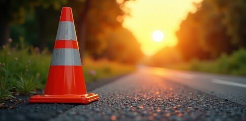 Yellow traffic cone placed on the side of a road at an intersection with a summer sunset background, yellow, road intersection, trees