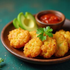 Yuca frita on wooden plate with salsa and avocado, avocado, yellow, side dish