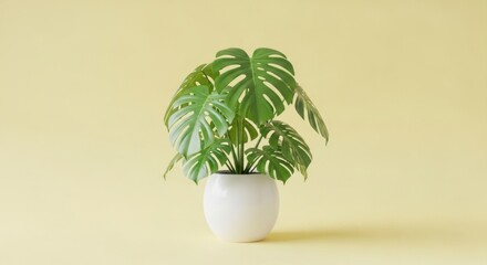 Elegant Green Monstera Plant in a White Ceramic Pot on a Soft Yellow Background