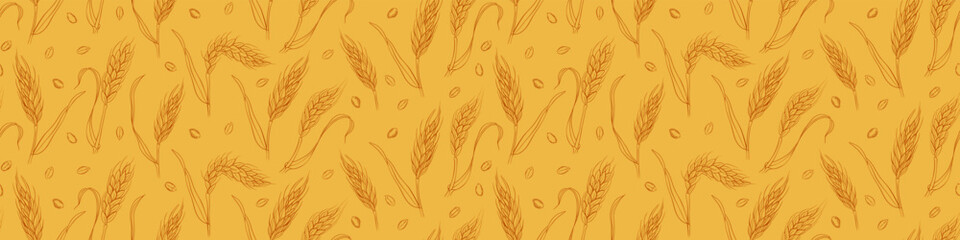Seamless pattern with hand drawn wheat ears and grains. Vector illustration.