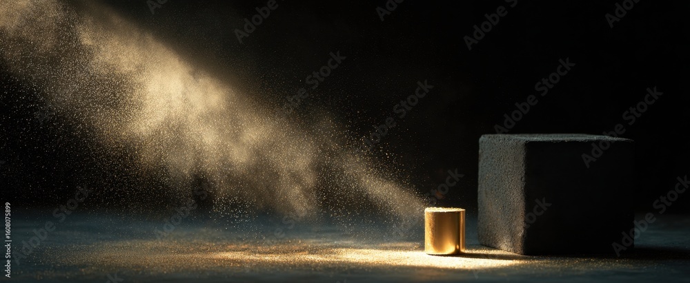 Poster a dramatic spotlight illuminates a small cylinder and a large cube creating a stark contrast in shap