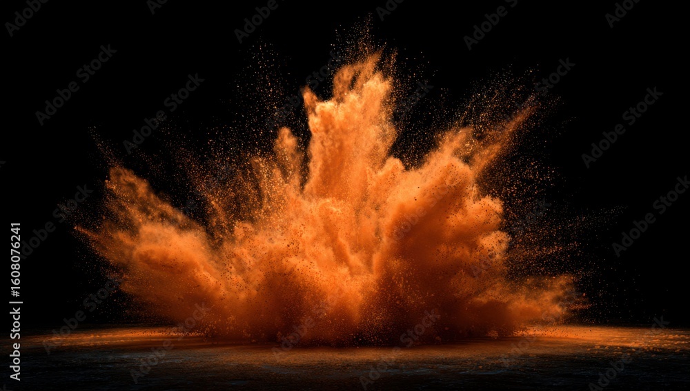 Poster a dynamic burst of vibrant orange powder explodes against a stark black backdrop creating a mesmeriz