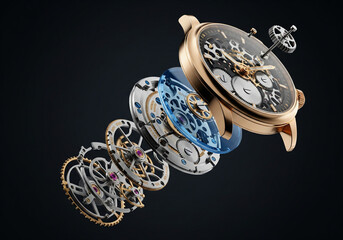 Exploded view of a luxury gold watch and its internal gears (generative ai)