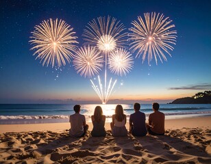 Generated image 花火 夏 夜空 砂浜 海 打ち上げ花火 海岸 夏祭り 友達 グループ 思い出 楽しい 観賞 煌めき 人物 後ろ姿 静けさ 平和 ノスタルジー 美しい ロマンチック 星空 光 海辺 カップル 仲間 青い空 旅行 夏休み シルエット 夜の海 花火大会 リラックス レジャー 友情 リフレクション 波打ち際 夜景 旅先 親しい 風景 三人 横並び 和やか 浜辺 夏の夜 青 