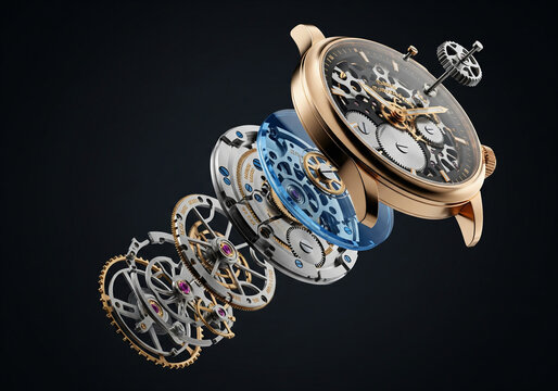 Exploded view of a luxury gold watch and its internal gears (generative ai)