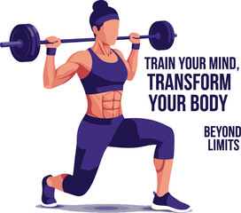 Obraz premium 🏋️‍♀️🔥 UNLEASH STRENGTH, SCULPT CONFIDENCE! 🔥🏋️‍♀️ Dynamic vector of a strong woman doing barbell lunges with motivational text—perfect for fitness brands, posters, and mindset coaching. Download 