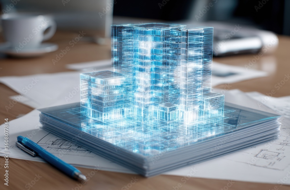 Poster a futuristic architectural design is projected above a stack of blueprints showcasing innovation and