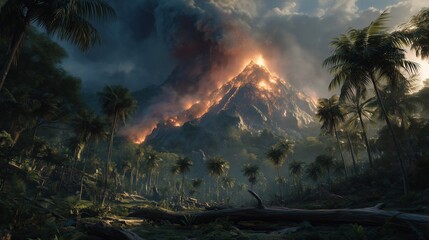 Hyper-realistic volcanic eruption in tropical jungle valley, glowing lava flows igniting forests with thick smoke, fallen logs foreground, dramatic apocalyptic lighting