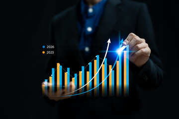 Goal Setting Business 2026, Business Analysis, finance growth graph and marketing targets concept, Businesswoman comparative graph business growth, Analysing market investment development, Year target
