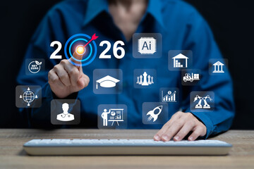 New Year 2026 Business Goals and marketing target concept, Businesswomen use AI set target topics for next year, Goal analysis, finance, success planning strategy, Safety, Environment, Import-Export
