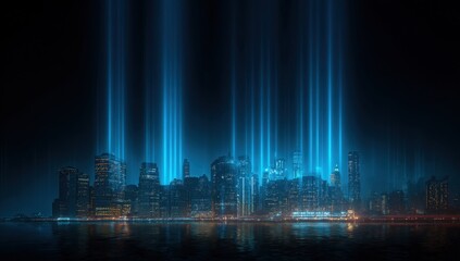 A futuristic cityscape glows with radiant blue light beams piercing the night sky creating a dramatic and awe inspiring urban spectacle.