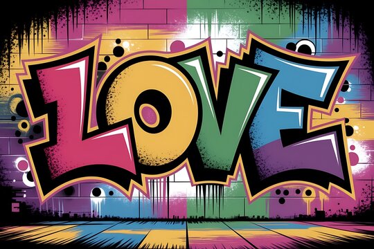 Vibrant graffiti art word love on brick wall image