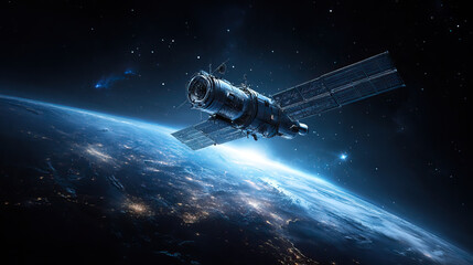 Sleek High-Tech Artificial Satellite Orbiting Earth on Transparent Background