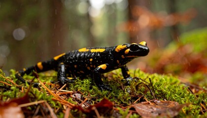 Fototapeta premium Fire Salamander hunts on rainy forest