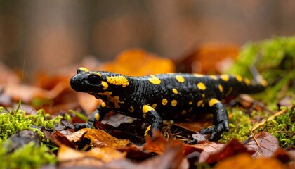 Obraz premium Fire Salamander on forest floor at night