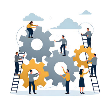 Corporate Upskilling Teamwork: Workers Integrating Interlocking Gear System with Ladders - Reskilling Workshop Vector Illustration