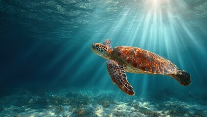 Fototapeta premium A graceful sea turtle swims effortlessly through the clear turquoise ocean water as sunlight filters down from the creating a serene