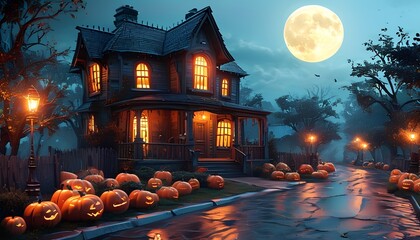 Halloween night celebration at spooky house autumn landscape digital art nighttime eerie atmosphere
